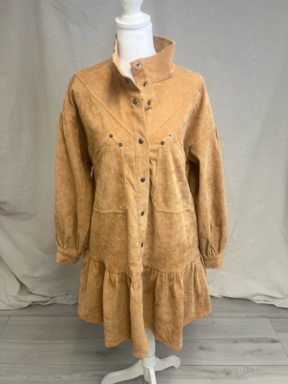 Entro Camel Corduory Ruffle Hem Dress Long Sleeve Sz S Western Cowgirl Boho